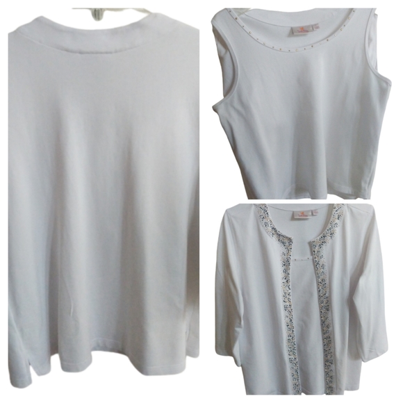 Quacker Factory Twin Set Size L White Beaded Long Sleeve Cardigan Shell - Picture 2 of 15